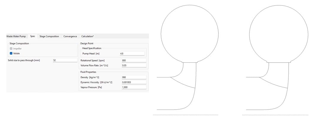 TD-Pre’s custom module for wastewater pump design changes the meridional path shape depending on the minimum solid pass-through size