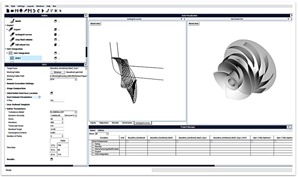 In ADT’s flagship design software TURBOdesign1, We create a combined design in the same meridional outline as the separated design and add an independent splitter. Then run through high-fidelity simulation to find the comparative multi-point performance   One of the great advantages here is that all designs can be automatically simulated using CFD through the CAE Integration module within TURBOdesign1. The computational grid, numerical simulations, and post-processing were all handled automatically to generate the performance characteristics of the combined design.