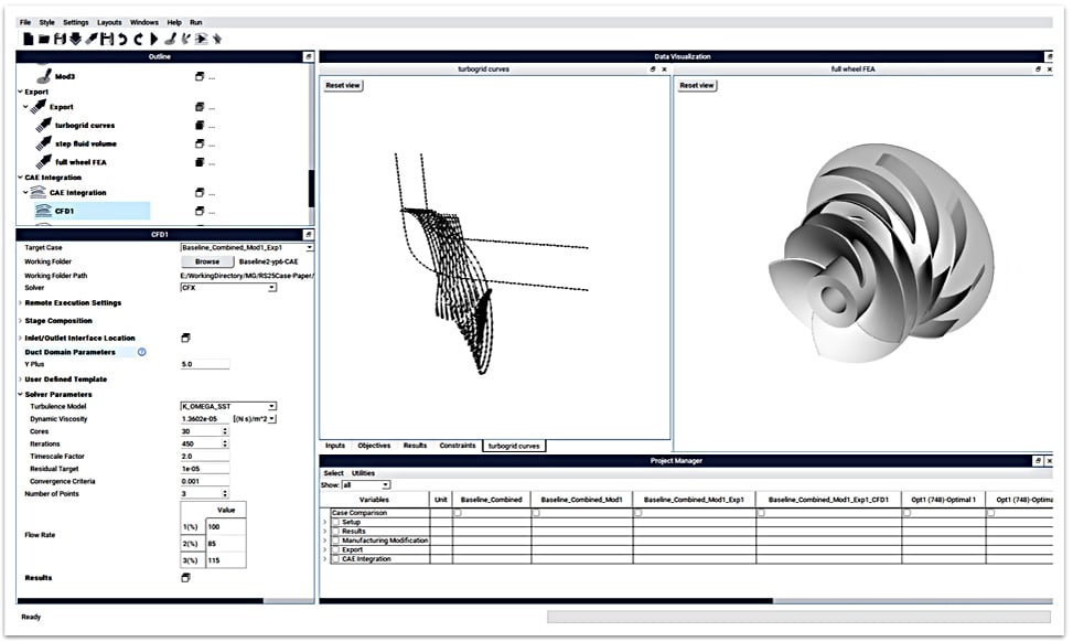 In ADT’s flagship design software TURBOdesign1, We create a combined design in the same meridional outline as the separated design and add an independent splitter. Then run through high-fidelity simulation to find the comparative multi-point performance   One of the great advantages here is that all designs can be automatically simulated using CFD through the CAE Integration module within TURBOdesign1. The computational grid, numerical simulations, and post-processing were all handled automatically to generate the performance characteristics of the combined design.