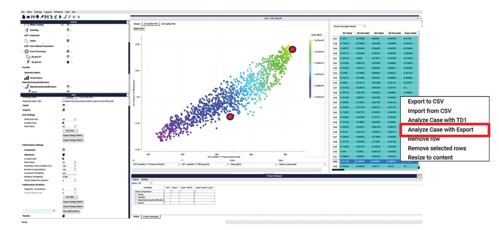 TURBOdesign constructs a surrogate model and Pareto front from the training dataset. From which optimal candidates can be selected and realised in CAD