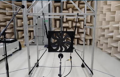 Semi-anechoic room with sample fan and two microphones (Hanon Systems, Kerpen, Germany)
