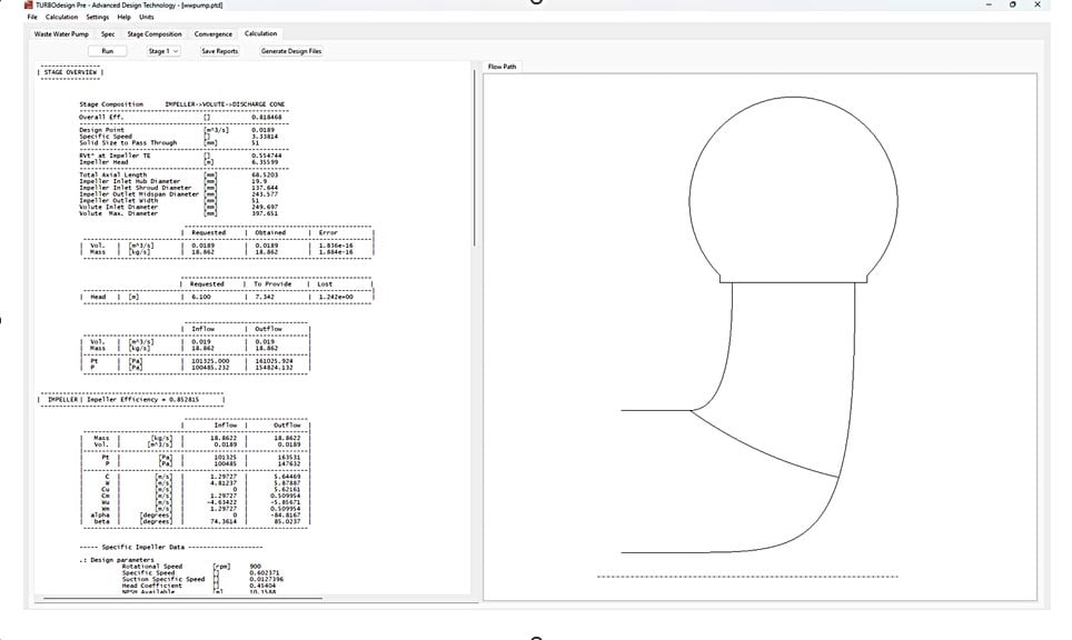 Screenshot of the TURBOdesign Pre (TD-Pre) meanline design GUI, featuring the new module for waste-water pump design, including solid pass-through specifications.
