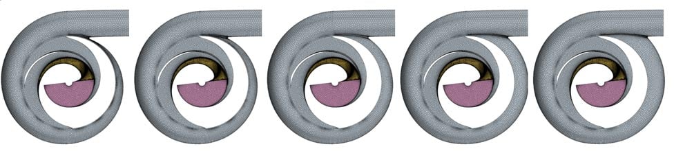 Series of five CFD mesh images showing different positions for the volute tongue radius, demonstrating the control feature within TURBOdesign Volute for rotor vibration and pulsation